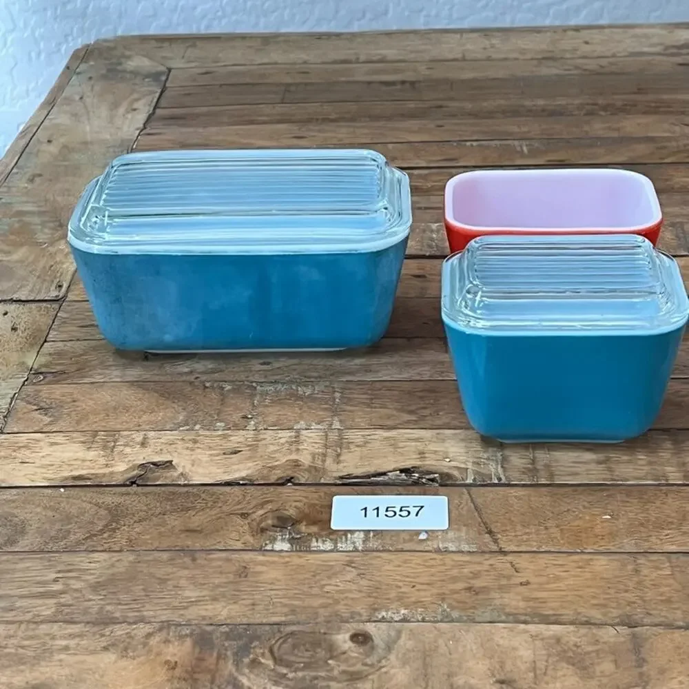 Vintage 1950s Pyrex Glass Refrigerator Dishes Set of 3 One Without Lid Blue Red